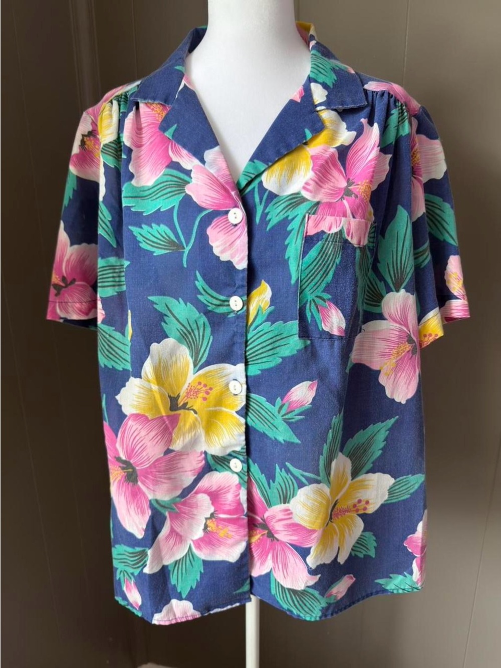 Tropical Print Button-Up Top — Navy with Pink, Yellow & Green